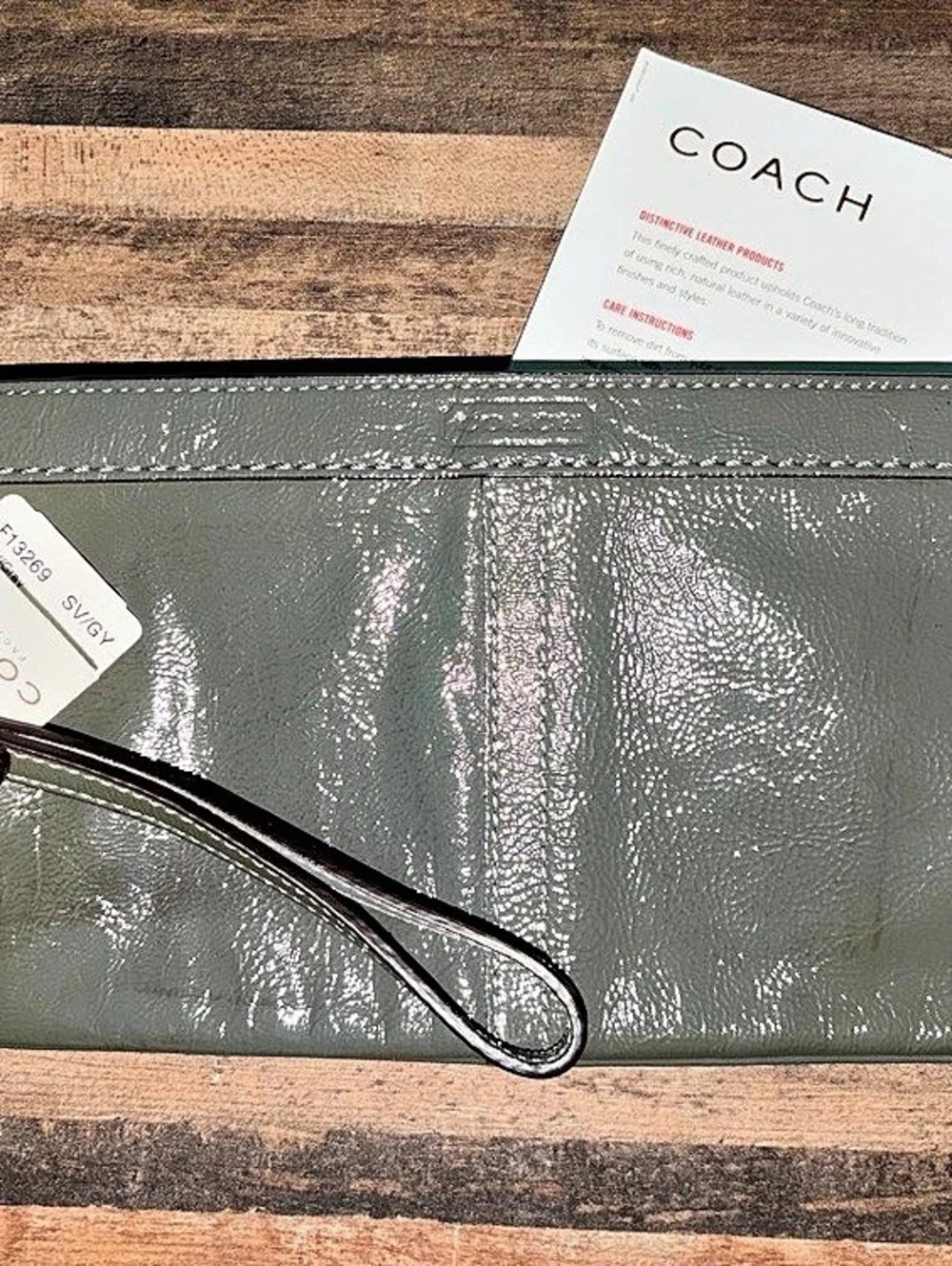 Coach Patent Leather Wristlet Gray-Green Patent Clutch NWT